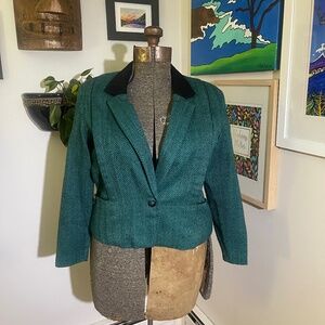 Vintage Teal Herringbone Cropped Blazer with Black Velvet Collar